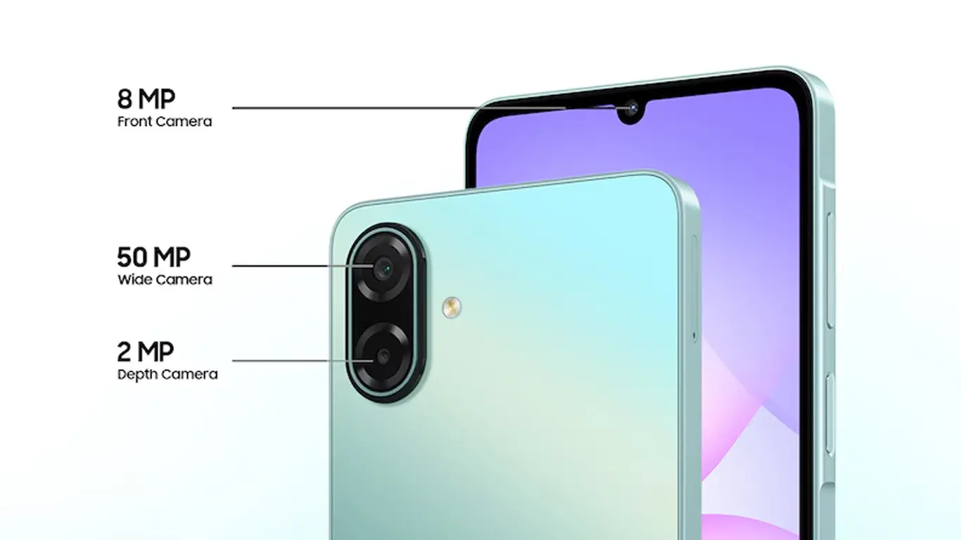 Smartphone showing rear camera module: 50 MP wide, 2 MP depth; 8 MP front camera for selfies.