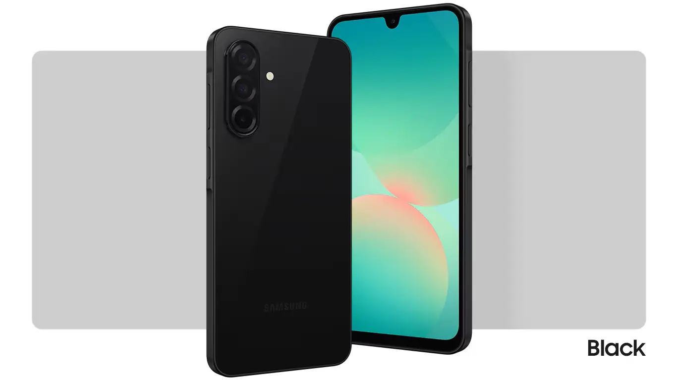 Black Samsung smartphone shown from back and front angles, featuring a triple-camera module and glossy finish, against a light gray backdrop with a 'Black' label in the corner.