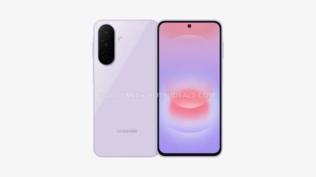 Lavender Samsung smartphone shown from back and front, featuring a vertical triple-camera array and a centered front camera on a gradient display.