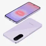Lavender Samsung Galaxy smartphone shown from front and back, highlighting the glossy purple finish and curved edges.