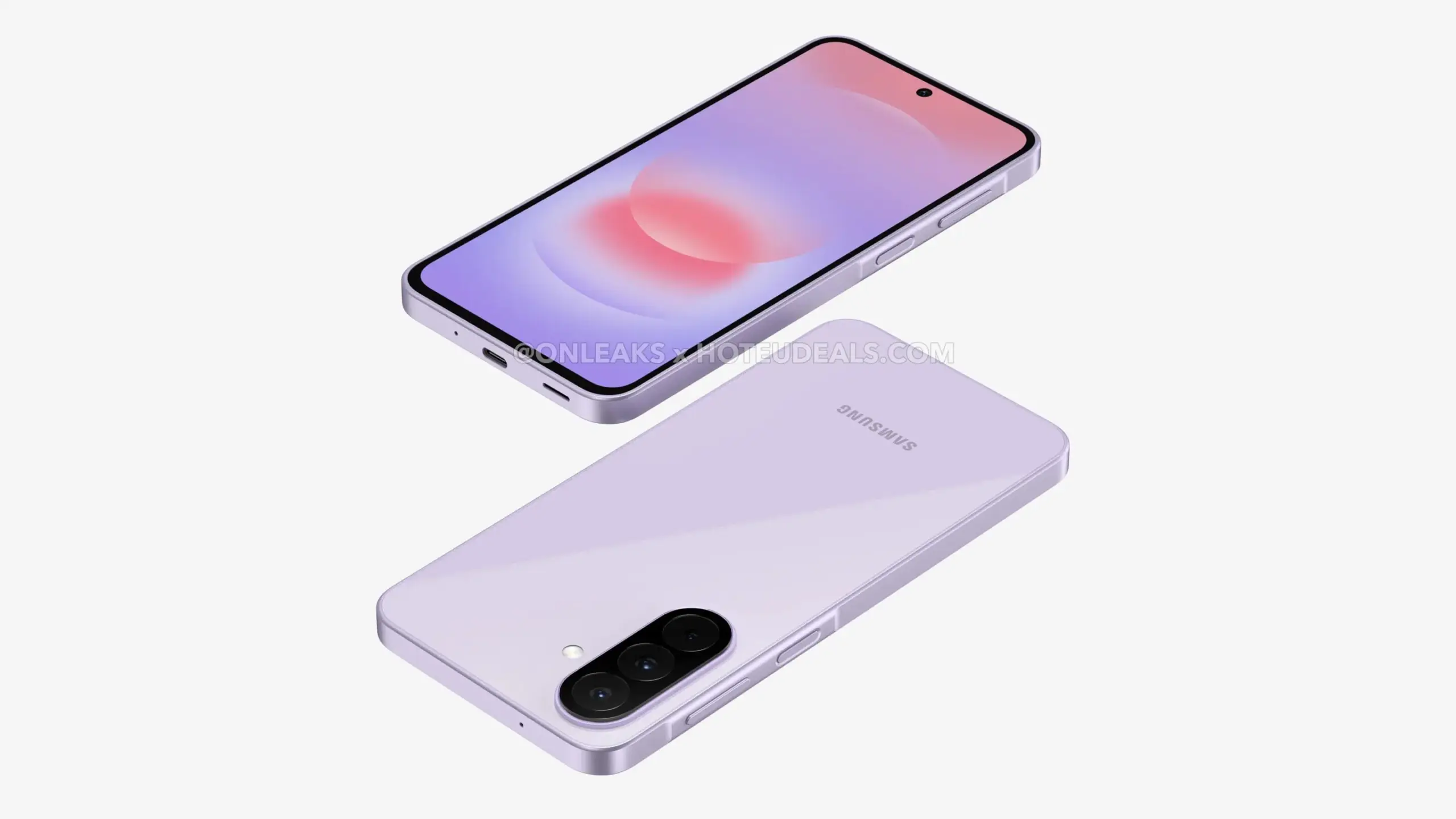 Lavender Samsung Galaxy smartphone shown from front and back, highlighting the glossy purple finish and curved edges.