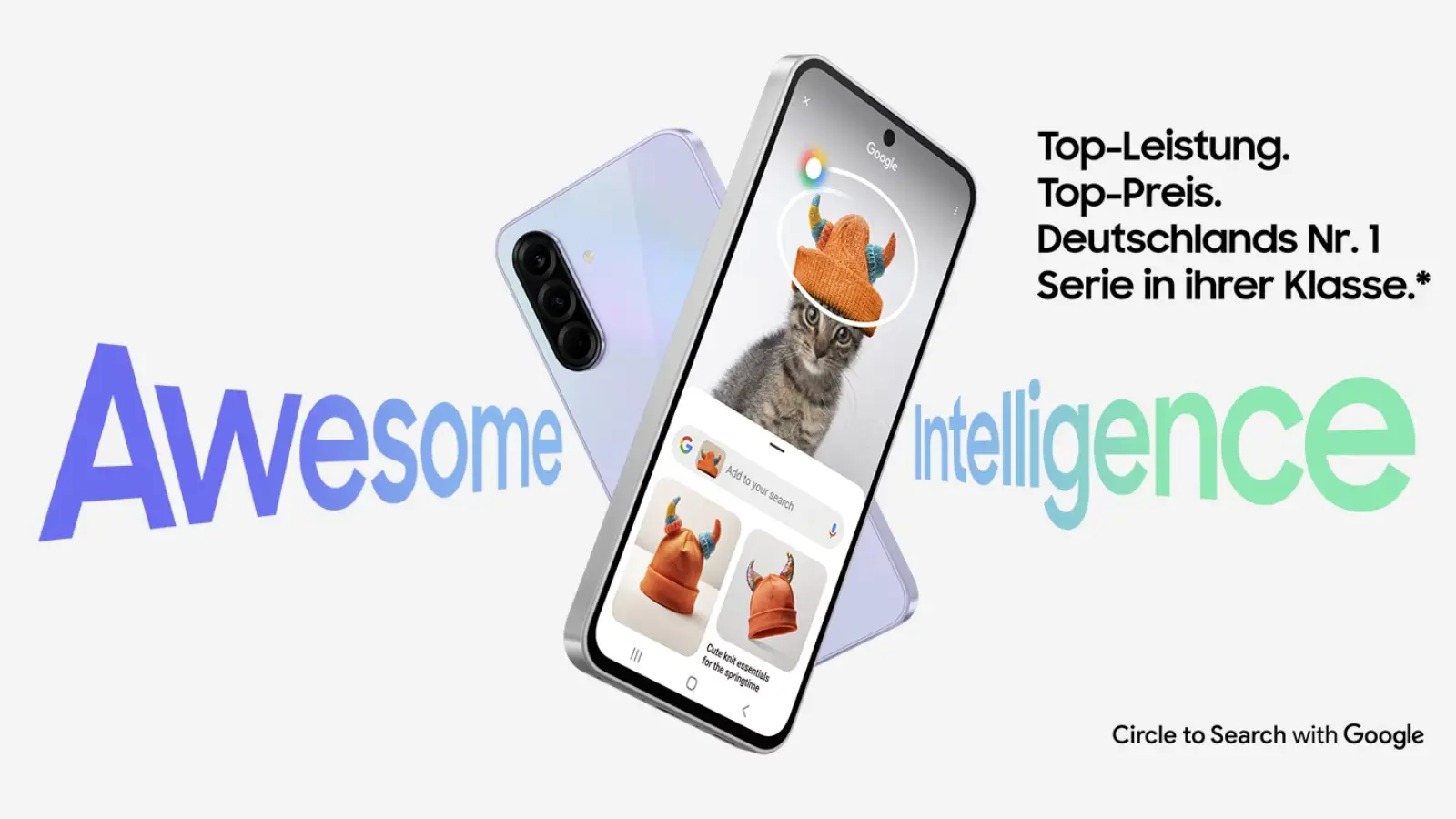 Ad banner showing two tilted smartphones with 'Awesome' and 'Intelligence' text, promoting Circle to Search with Google.
