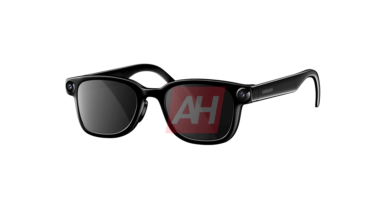 Black Samsung smart glasses with built-in cameras near the lenses and a glossy frame on white background.