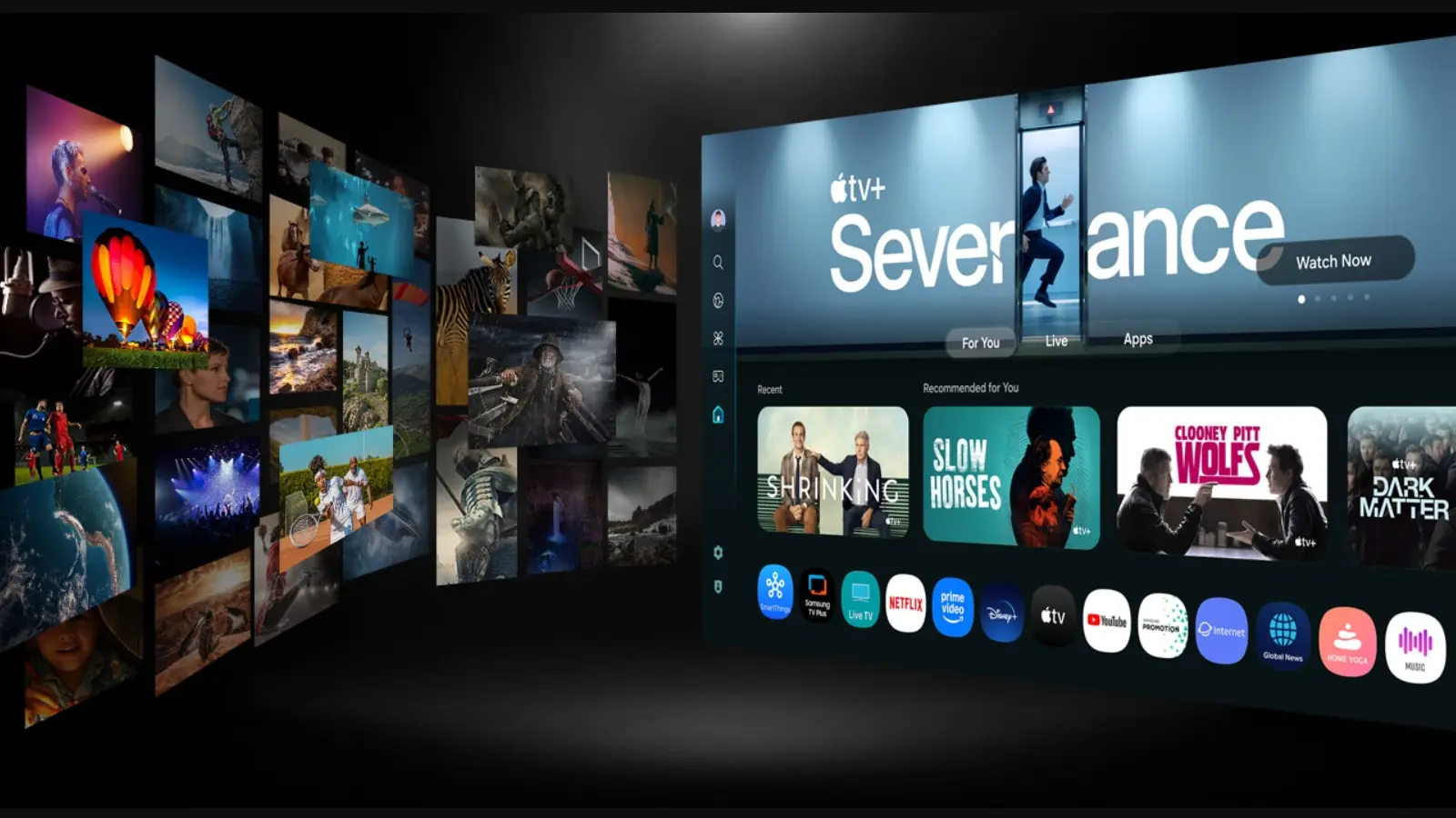 A futuristic streaming home screen with rows of program thumbnails on the left and a large video wall on the right displaying app icons and content tiles.