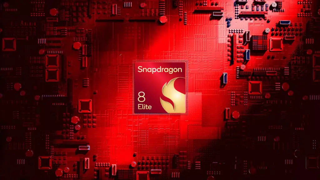 Centered Snapdragon 8 Elite chip on a red circuit-board background.