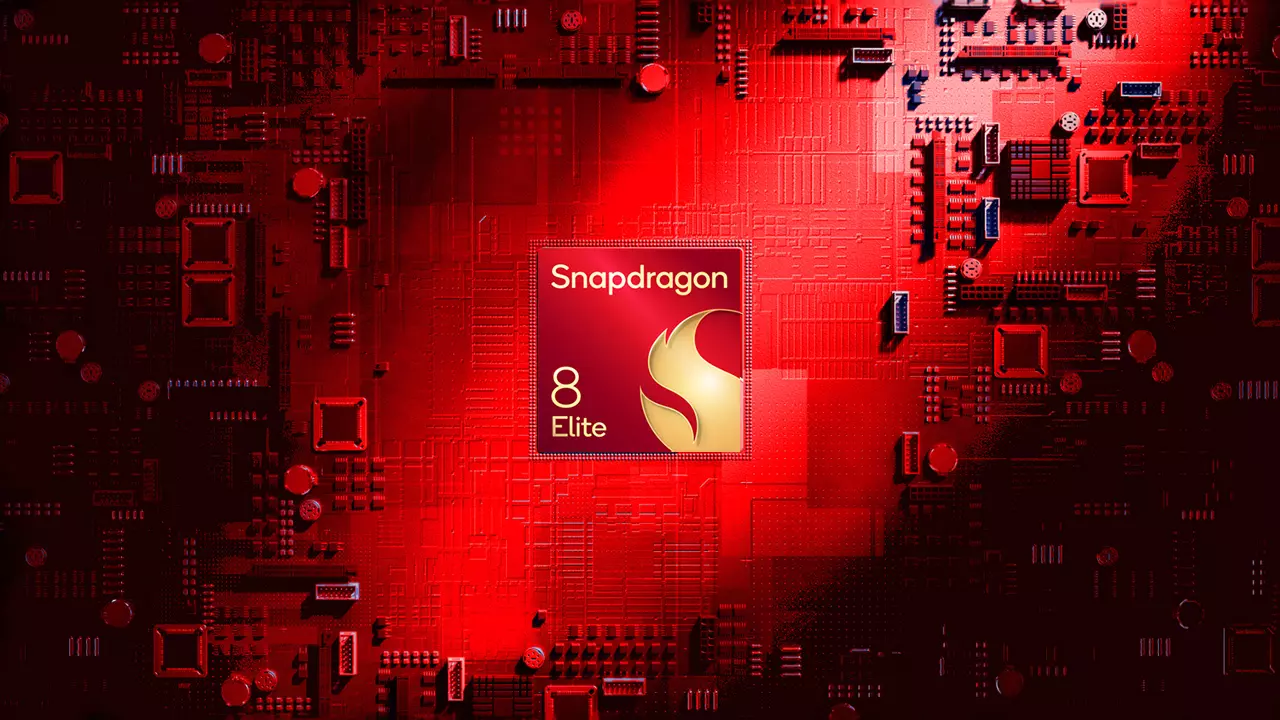 Centered Snapdragon 8 Elite chip on a red circuit-board background.