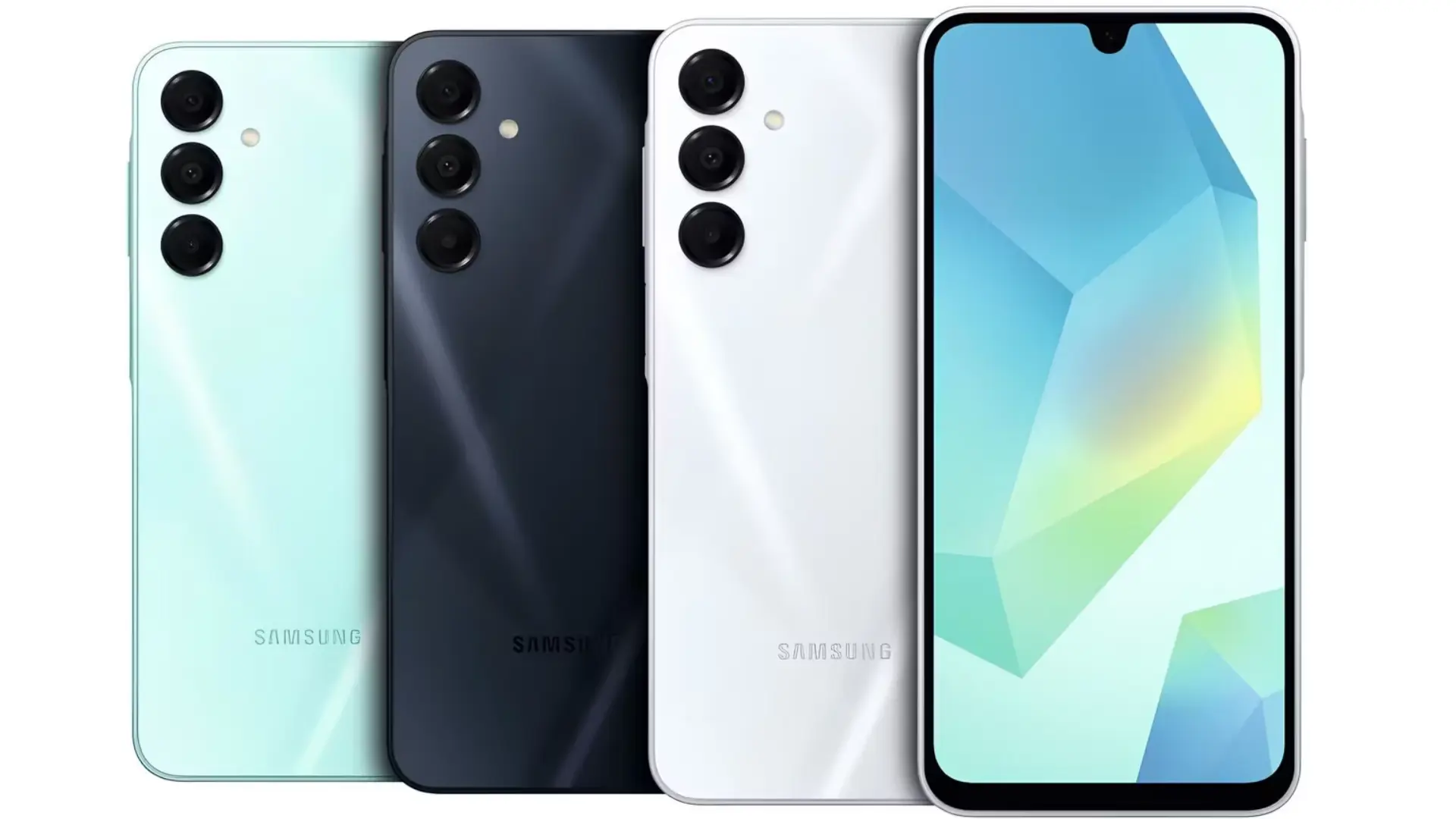 Samsung Galaxy smartphones in mint, black, and white show a triple-camera rear setup with one phone’s wide front display visible on the right.