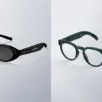 Two eyewear styles side by side: black sunglasses on the left and dark green frame glasses on the right on a split gray background.