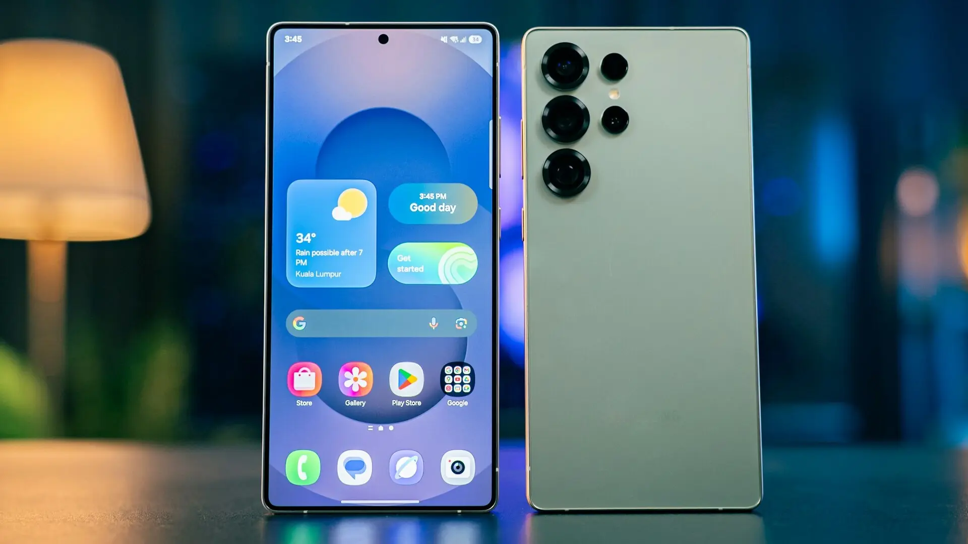 Two smartphones displayed side by side: the left shows a vibrant home screen, the right reveals a quad-camera module on the back, both on a reflective surface.