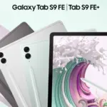 Samsung Galaxy Tab S9 FE and Tab S9 FE+ lineup with pastel-colored backs fanned out beside a tablet showing abstract wallpaper.