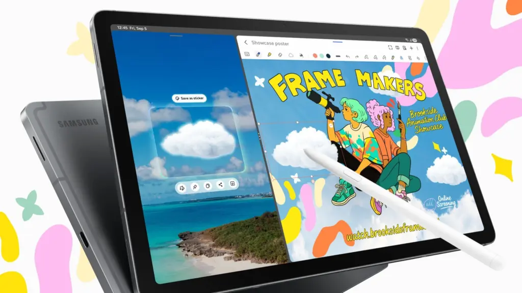 Samsung tablet with stylus editing a poster titled 'FRAME MAKERS' for a Brookside Animation Club Showcase on a blue sky illustration background and tools visible on screen
