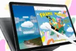 Samsung tablet with stylus editing a poster titled 'FRAME MAKERS' for a Brookside Animation Club Showcase on a blue sky illustration background and tools visible on screen