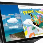 Samsung tablet with stylus editing a poster titled 'FRAME MAKERS' for a Brookside Animation Club Showcase on a blue sky illustration background and tools visible on screen