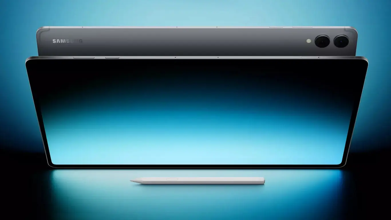 Promotional image of a Samsung tablet with a stylus placed below, glowing blue backdrop, showcasing a large edge-to-edge screen and circular camera module on top edge (no people).