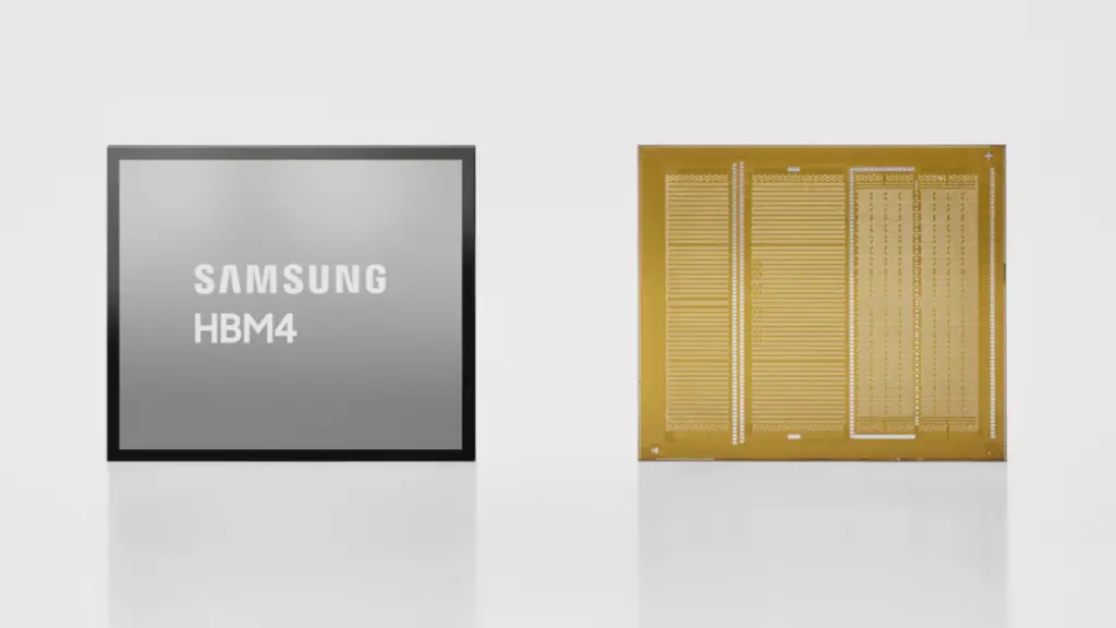 Left: Samsung HBM4 memory module; right: gold memory die with dense contact pads, shown side by side for comparison.