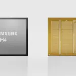 Left: Samsung HBM4 memory module; right: gold memory die with dense contact pads, shown side by side for comparison.