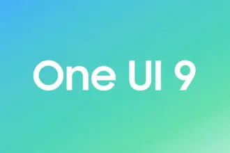 Gradient blue-to-teal background with white text: "One UI 9"