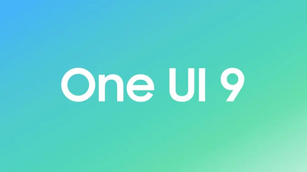 Gradient blue-to-teal background with white text: "One UI 9"