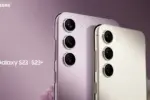 Samsung Galaxy S23 and S23+ back view in purple and cream colors, showing triple camera modules in the corner.