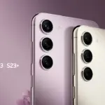 Samsung Galaxy S23 and S23+ back view in purple and cream colors, showing triple camera modules in the corner.
