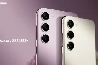 Samsung Galaxy S23 and S23+ back view in purple and cream colors, showing triple camera modules in the corner.