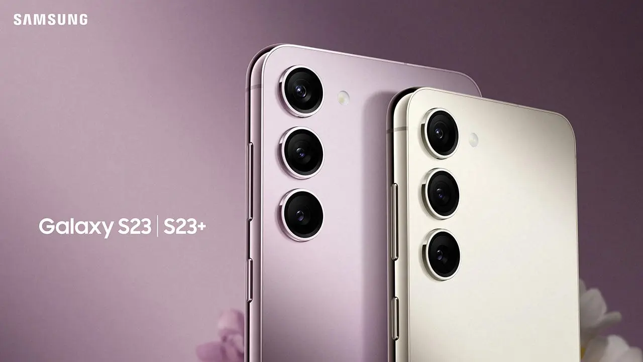 Samsung Galaxy S23 and S23+ back view in purple and cream colors, showing triple camera modules in the corner.