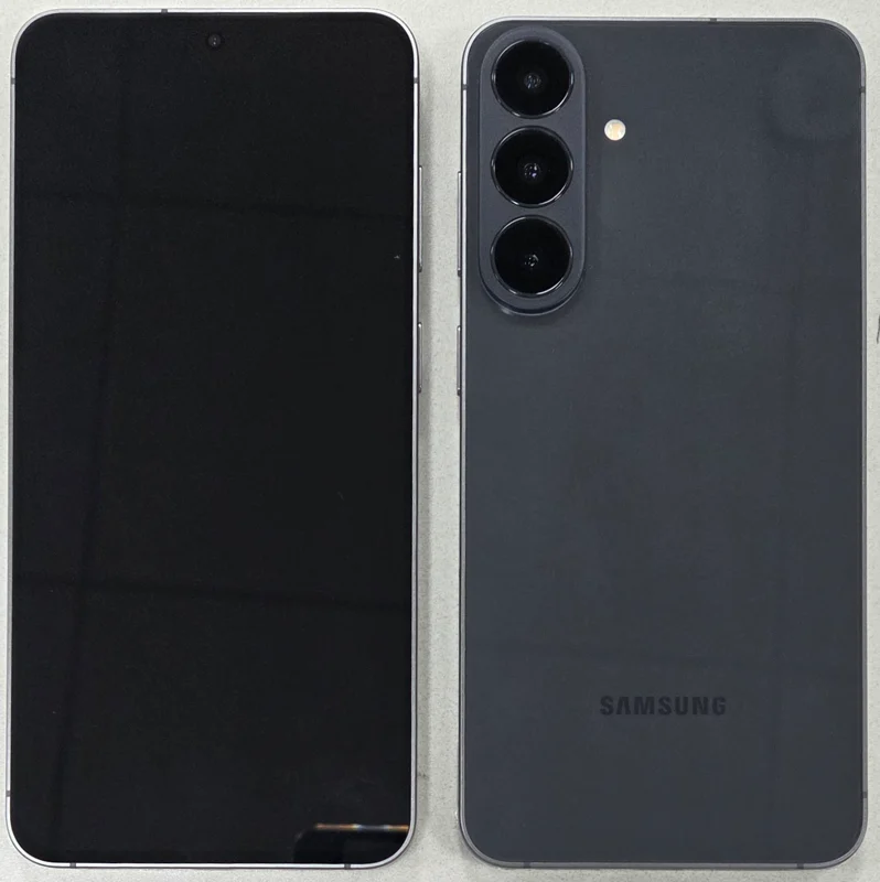 Side-by-side view of two smartphones: a black-front device on the left and a dark Samsung phone with a triple-camera array on the back on the right.