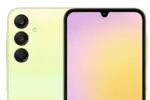 Yellow smartphone shown from the back left with a triple-camera module and flash nearby on a textured back. (informative product image)
