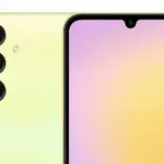 Yellow smartphone shown from the back left with a triple-camera module and flash nearby on a textured back. (informative product image)