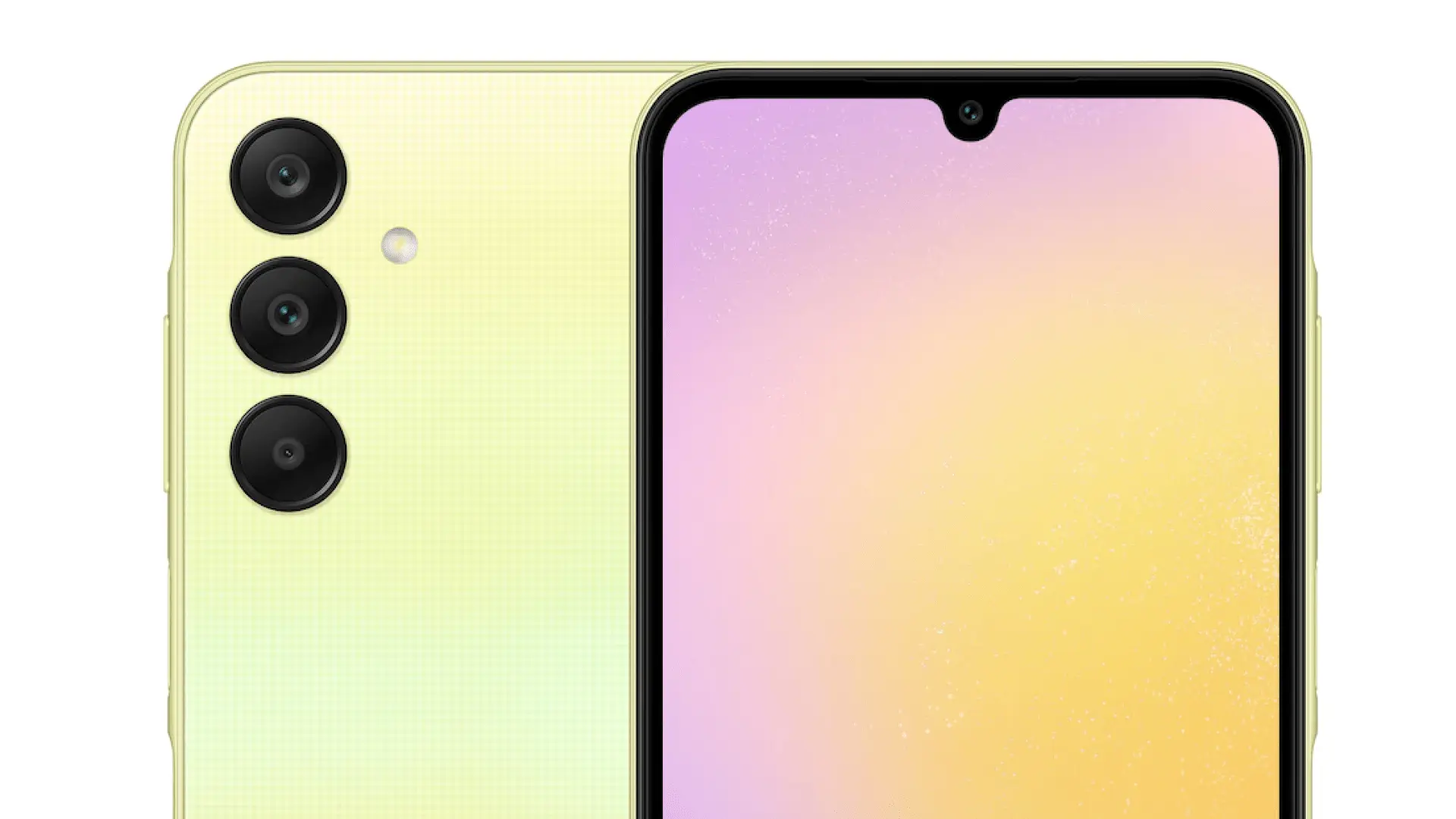 Yellow smartphone shown from the back left with a triple-camera module and flash nearby on a textured back. (informative product image)