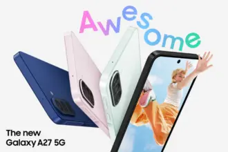 Promo image for Samsung Galaxy A27 5G showing four color phones (blue, pink, mint, black) with a person on the screen and colorful 'Awesome' text above.