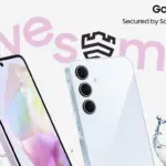 Samsung Galaxy A35 5G smartphones shown from front and back, featuring triple cameras, with a pink 'Awesome' backdrop and water splash effects.