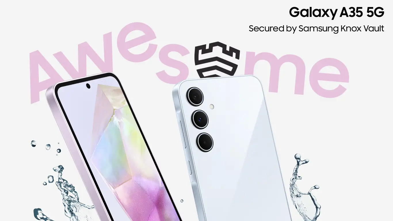 Samsung Galaxy A35 5G smartphones shown from front and back, featuring triple cameras, with a pink 'Awesome' backdrop and water splash effects.