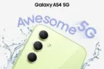 Promotional shot of Galaxy A54 5G in lime green with triple-camera setup, water splash background and the 'Awesome 5G' text above.