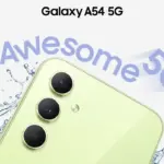 Promotional shot of Galaxy A54 5G in lime green with triple-camera setup, water splash background and the 'Awesome 5G' text above.
