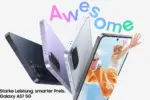 Promo banner for Galaxy A57 5G featuring four colored phones fanned out and a kid on the screen with 'Awesome' lettering.