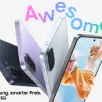 Promo banner for Galaxy A57 5G featuring four colored phones fanned out and a kid on the screen with 'Awesome' lettering.