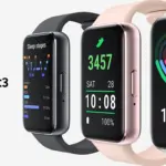 Galaxy Fit3 smartwatch lineup shown in black, pink, and silver with colorful watch faces to highlight features.