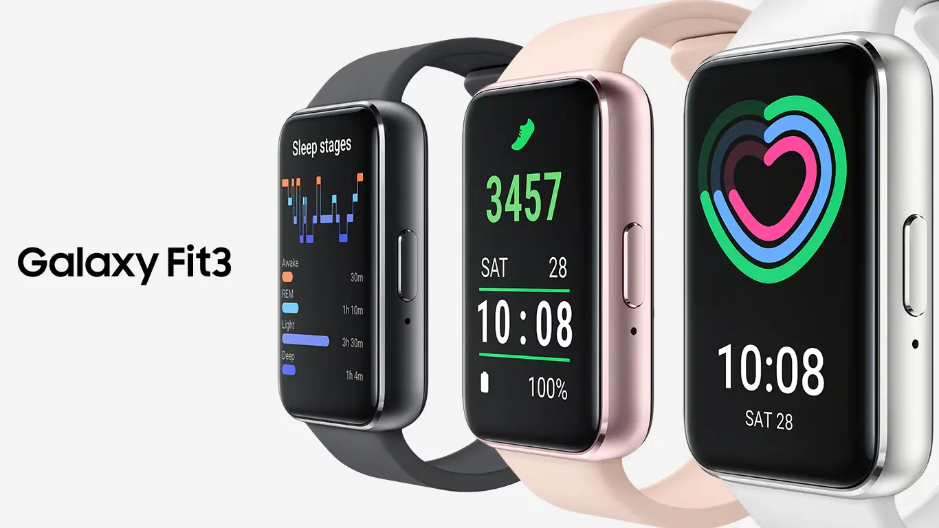 Galaxy Fit3 smartwatch lineup shown in black, pink, and silver with colorful watch faces to highlight features.