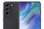 Front and back view of a dark gray smartphone with a three‑lens rear camera and a punch‑hole front camera on a vibrant display.