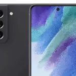 Front and back view of a dark gray smartphone with a three‑lens rear camera and a punch‑hole front camera on a vibrant display.