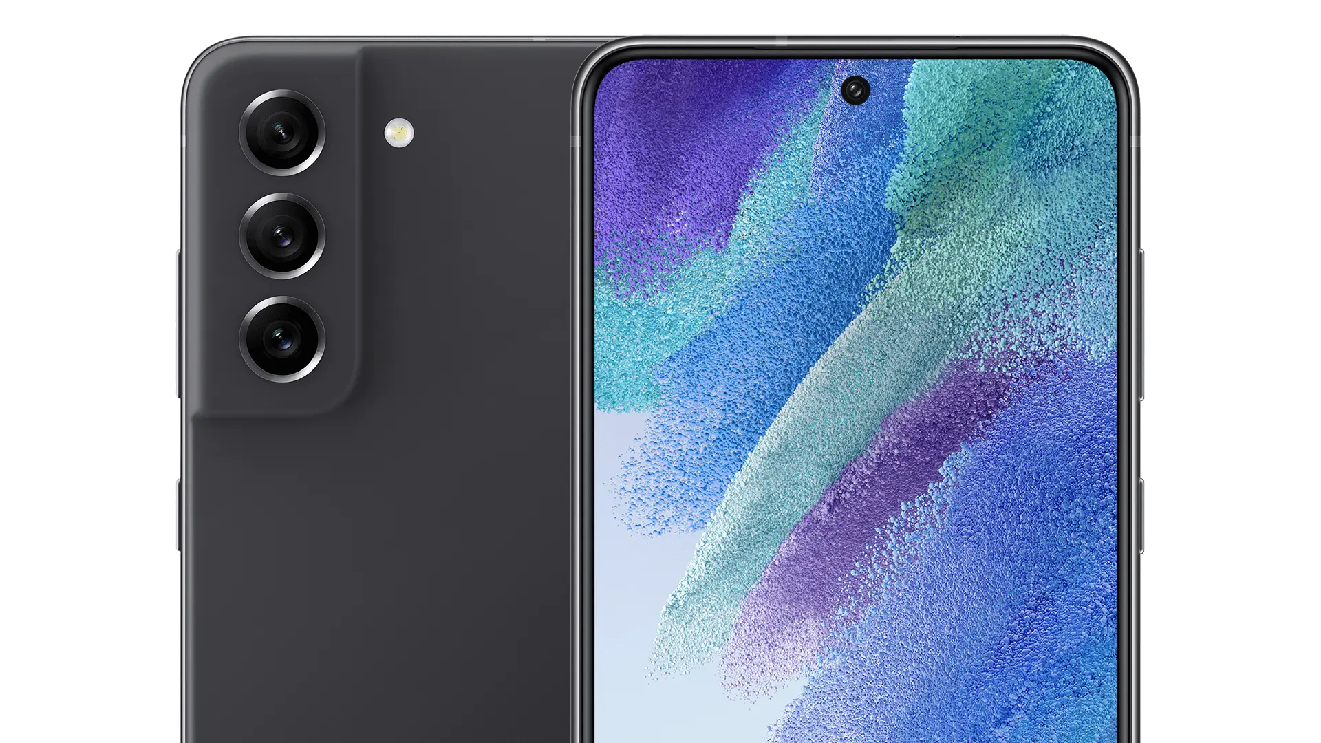 Front and back view of a dark gray smartphone with a three‑lens rear camera and a punch‑hole front camera on a vibrant display.
