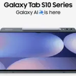 Samsung Galaxy Tab S10 Series tablet with S Pen on top; promotional banner reads 'Galaxy AI is here'.
