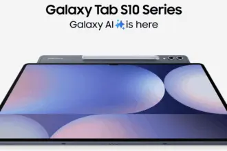 Samsung Galaxy Tab S10 Series tablet with S Pen on top; promotional banner reads 'Galaxy AI is here'.