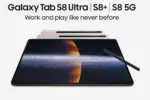 Banner showing Galaxy Tab S8 Ultra with S8+ and S8 5G labels and a stylus resting on the screen.