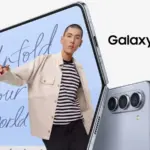 Person stepping out of a Galaxy Z Fold5 display, promotional backdrop with 'Galaxy Z Fold5' text, light background.