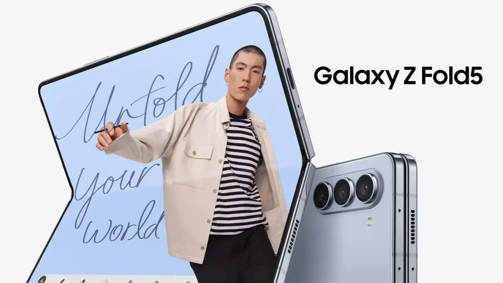 Person stepping out of a Galaxy Z Fold5 display, promotional backdrop with 'Galaxy Z Fold5' text, light background.