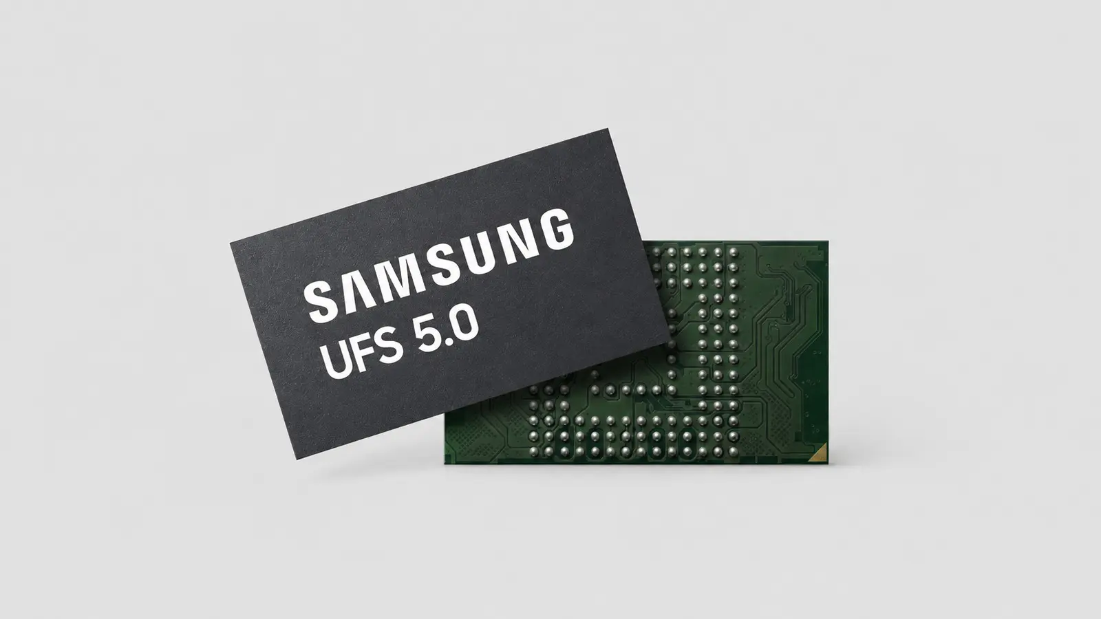 Samsung UFS 5.0 storage card placed over a green circuit board, on a light gray background to showcase hardware components.