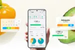 Smartphone screen shows a nutrition app with calories (1,720 kcal) and progress bars, surrounded by a yellow pepper and avocado.