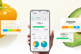 Smartphone screen shows a nutrition app with calories (1,720 kcal) and progress bars, surrounded by a yellow pepper and avocado.